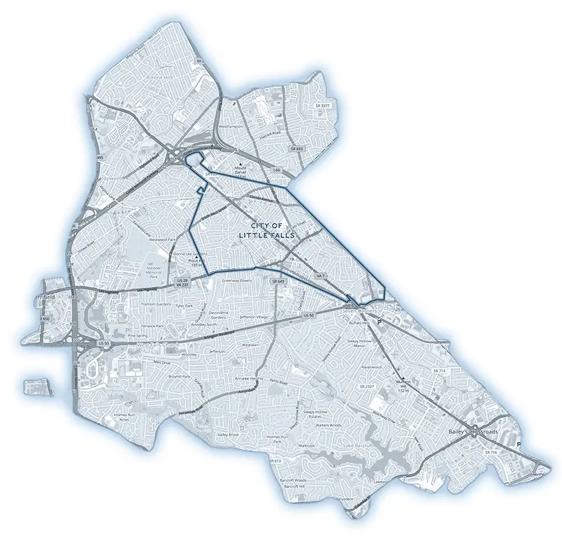 Map of Little Falls area showing ZIP codes, with Falls Church addresses highlighted, and the City of Falls Church emphasized with Little Falls labels.