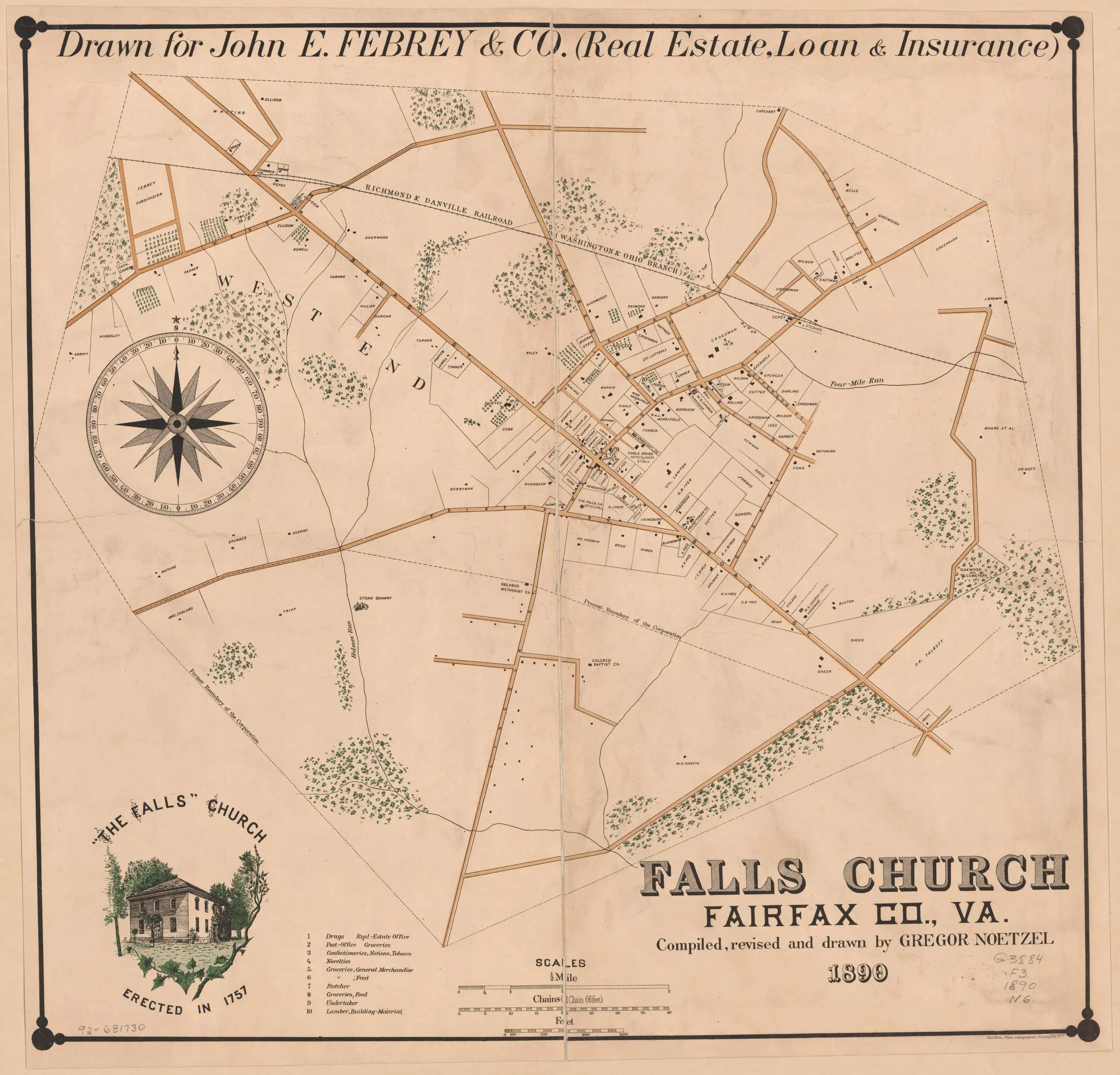 1890 mapa de Falls Church, Condado de Fairfax, Va. por G. Noetzel