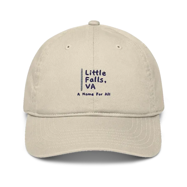 Image of tan colored baseball cap featuring text logo reading Little Falls VA - A Name for All.