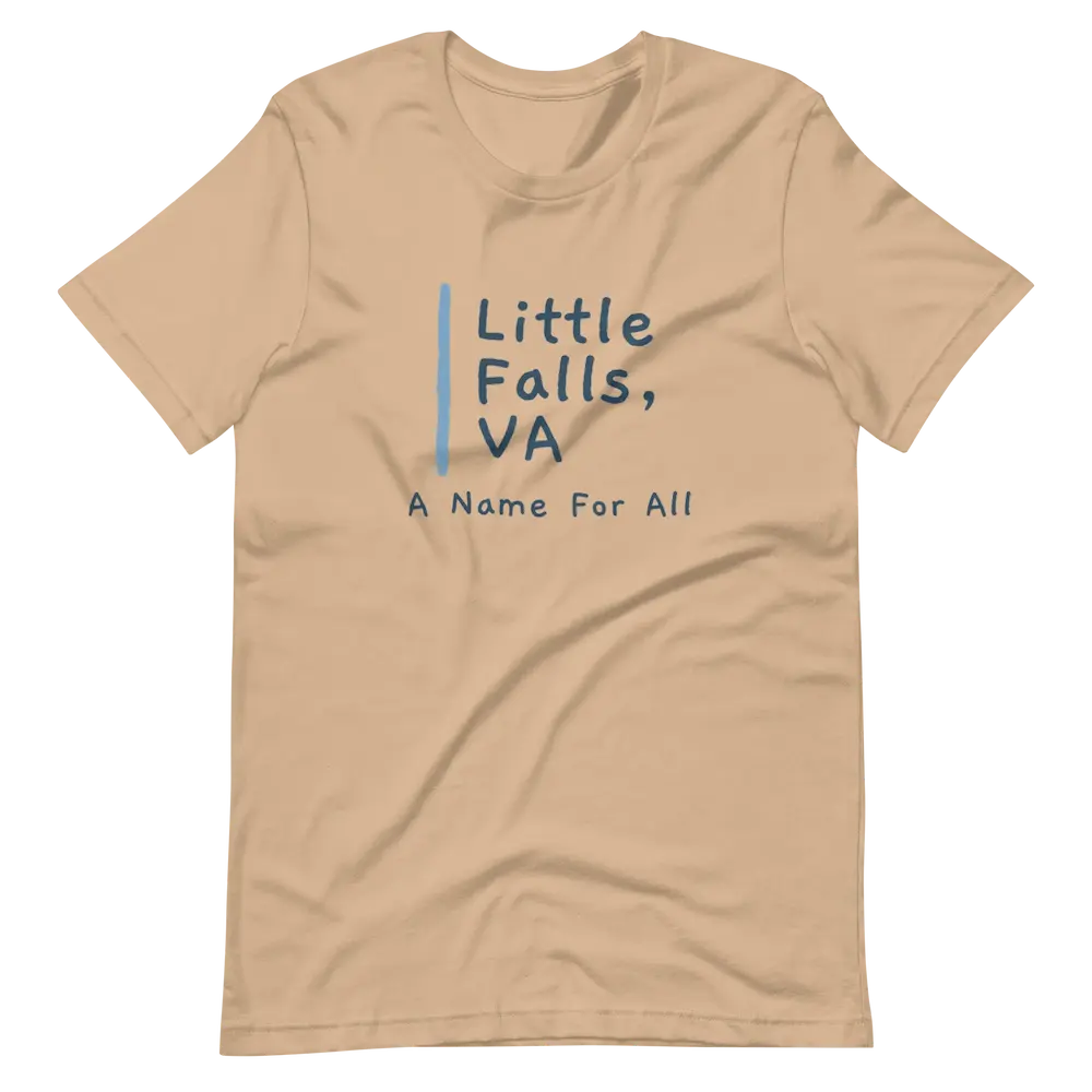 Image of tan t-shirt featuring text logo reading Little Falls VA - A Name for All.